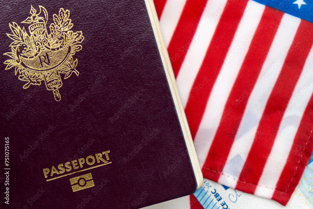 Fototapeta premium France passports on Euro currency and U.S. flag