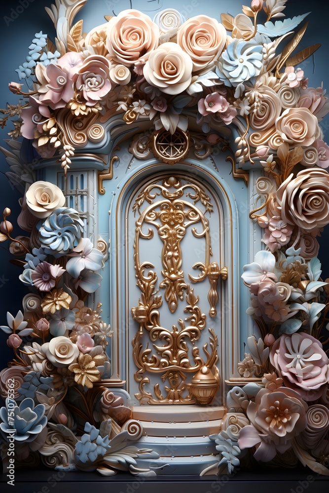 3d illustration of a beautiful vintage door decorated with flowers and leaves