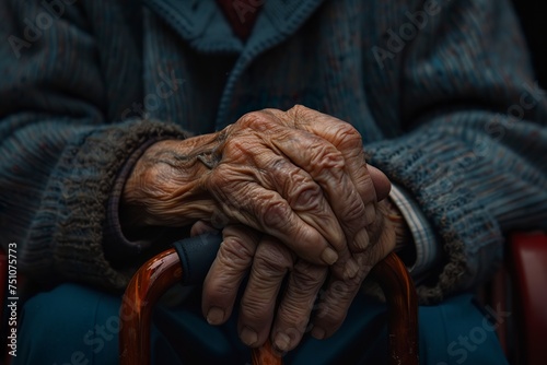 Close-up of an elderly man's hands leaning on a cane reflecting years of wisdom and experience. Elderly hands in a gesture of resilience and determination.