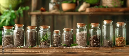 A row of clear glass bottles filled with different types of colorful spices, neatly displayed on a wooden table. The assortment includes chia seeds, turmeric, paprika, cumin, and more, creating a
