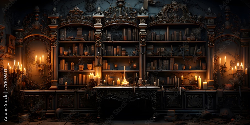 3d rendering of an old library with bookshelves and candles