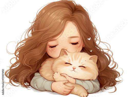Illustration with a cute baby girl and a kitten in kawaii style. concept of love between people and animals