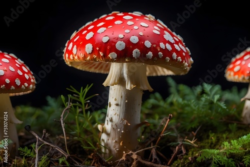 Fly Agaric mushroom (Amanita muscaria), showing its characteristic red cap with white spots, close up, black background 4K wallpaper Generative AI