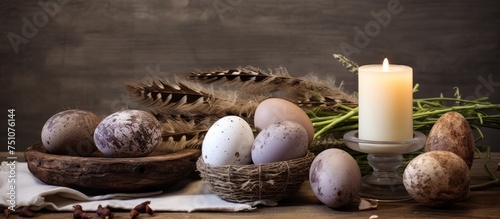 A rustic still life arrangement featuring a candle, natural eggs, and feathers placed on a wooden table. The simple and stylish decoration creates a warm and inviting atmosphere.