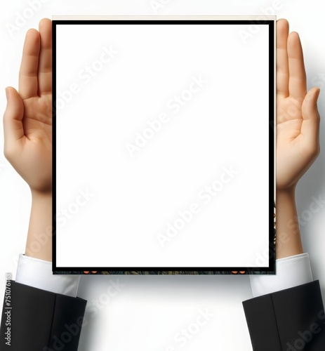 Hands holding blank advertisement paper card with copy space. blank signboard. Generative AI