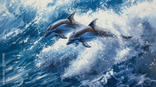 A pair of playful dolphins racing through the waves, their sleek bodies glistening in the sunlight. © The Capture,s