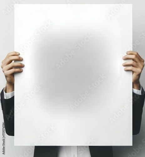 Hands holding blank advertisement paper card with copy space. blank signboard. Generative AI