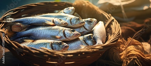 A close-up view of a basket filled with freshly caught fish, some still swimming in water, placed on top of a table. photo