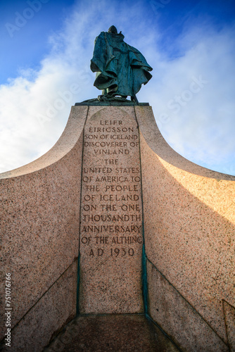 Leifr Eiricsson statue, or Leif Eiricsson Memorial and the inscription in its pedestal. Central Reykjavik, Iceland. photo