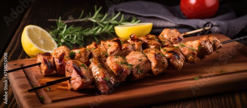 A wooden cutting board is topped with skewers of marinated pork, ready to be cooked on a grill or stovetop. The fresh pork is seasoned with oil, salt, and oregano for a delicious Greek souvlaki dish.