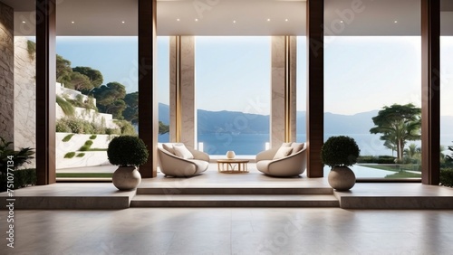 Describe the grand entrance of your modern villa  with sleek Italian design  a dramatic foyer  and an immediate view that takes your breath away
