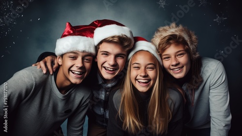 Happy teenagers wearing Santa Claus hat celebrating Christmas night together. Group of young people having new year party outside. Winter holidays concept
