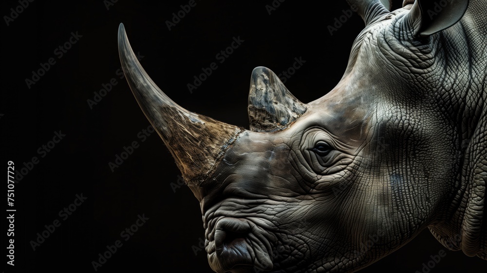 Big horn rhino side view isolated on black background Big horn rhino side view isolated on black background