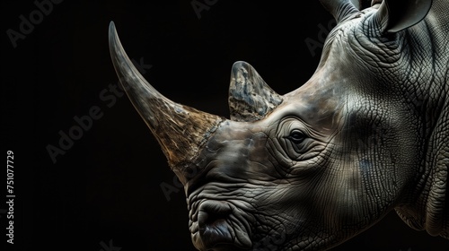 Big horn rhino side view isolated on black background. Generative Ai