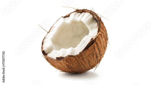 half a coconut sitting on its bottom upright, on an all-white background