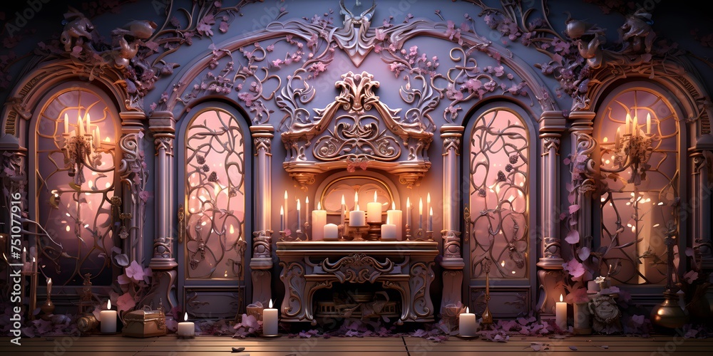Interior of a medieval baroque room with a fireplace and candles