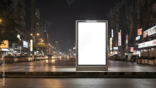 Blank vertical white billboard advertisement in front view. Empty signboard in the city at night. Marketing banner advertising space in city. Blank billboard for outdoor advertising placement.
