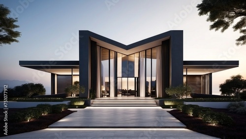 Describe the grand entrance of your modern villa  with sleek Italian design  a dramatic foyer  and an immediate view that takes your breath away