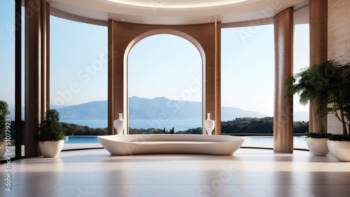 Describe the grand entrance of your modern villa  with sleek Italian design  a dramatic foyer  and an immediate view that takes your breath away