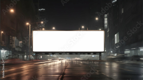 Blank large white billboard advertisement in front view. Empty signboard in the city at night. Marketing banner advertising space in city. Blank billboard for outdoor advertising placement.