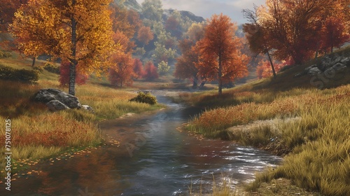 A peaceful river flowing through a valley, bordered by trees displaying the full spectrum of autumn colors, creating a serene landscape.