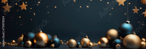 a christmas ornaments background with blue and gold star ,glass balls decorations on a dark blue background, banner, empty space for text.banner © Nice Seven