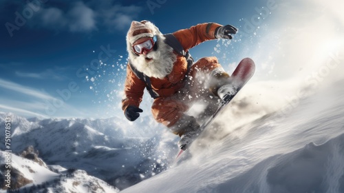 Santa Claus on snowboard in mountains. Santa Claus on vacation. Surfing Santa. Santa goes snowboarding.