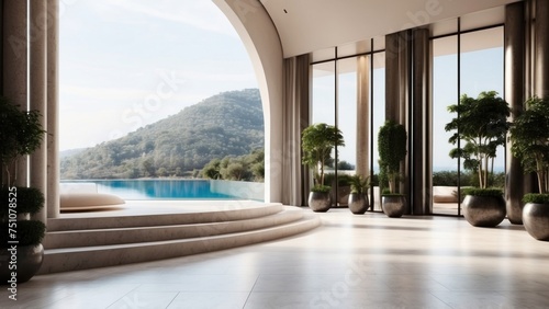 Describe the grand entrance of your modern villa, with sleek Italian design, a dramatic foyer, and an immediate view that takes your breath away