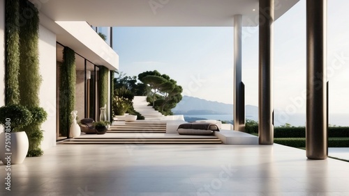 Describe the grand entrance of your modern villa  with sleek Italian design  a dramatic foyer  and an immediate view that takes your breath away