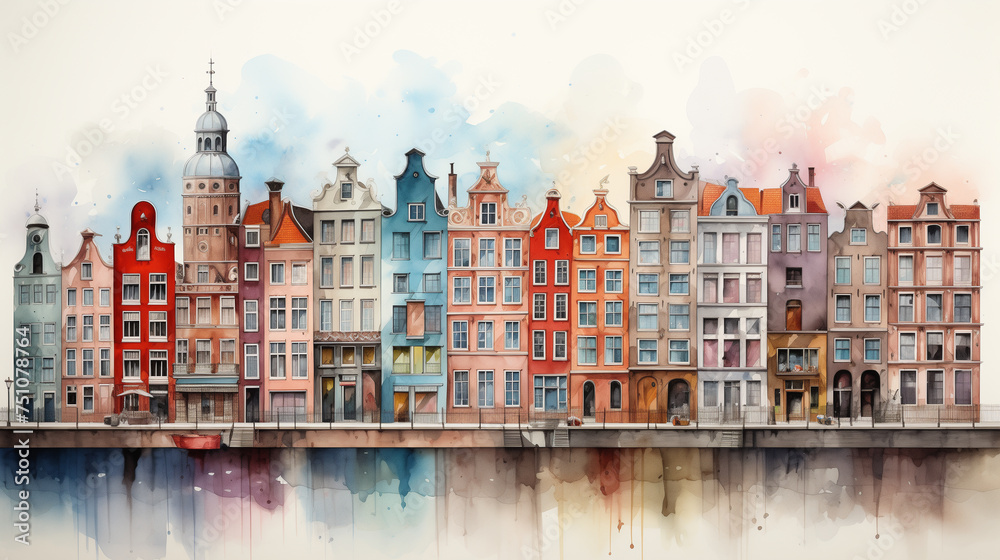 Artistic watercolor illustration of a row of colorful European buildings with their reflection in water.
