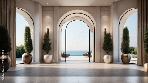 Describe the grand entrance of your modern villa  with sleek Italian design  a dramatic foyer  and an immediate view that takes your breath away