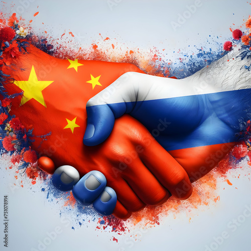 a Handshake with China and Russia flag blended on it 