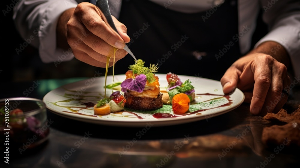 Chef in hotel or restaurant kitchen preparing meal vegetable salad with goat cheese and decorates the food with his hands.