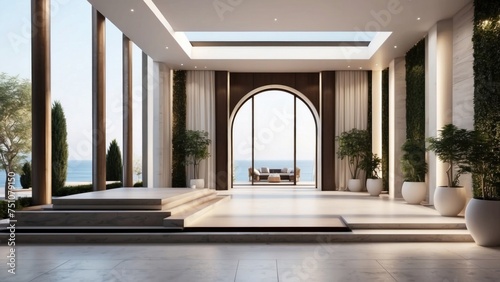 Describe the grand entrance of your modern villa  with sleek Italian design  a dramatic foyer  and an immediate view that takes your breath away