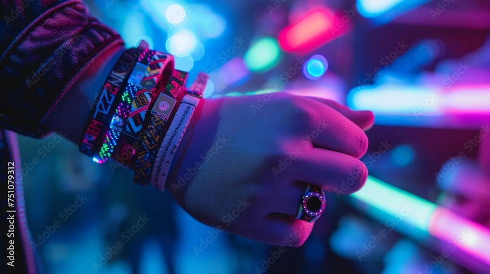 Focused on a fans wrist with a stack of autographed wristbands from various cybersport influencers showing off their collection. - obrazy, fototapety, plakaty 