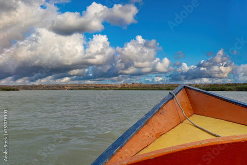 Tip of a colorful boat and sea in Punta Gallinas. Guajra, Colombia.  © camaralucida1