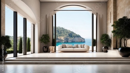 Describe the grand entrance of your modern villa  with sleek Italian design  a dramatic foyer  and an immediate view that takes your breath away
