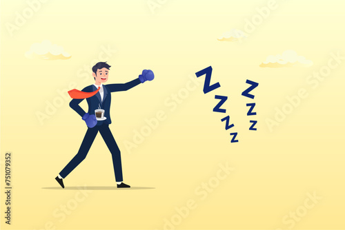 Alert businessman have some coffee wearing boxing gloves to fight with lazy sleepy symbol, procrastination and laziness, productivity and professional to fight with resistance and sleepy (Vector)