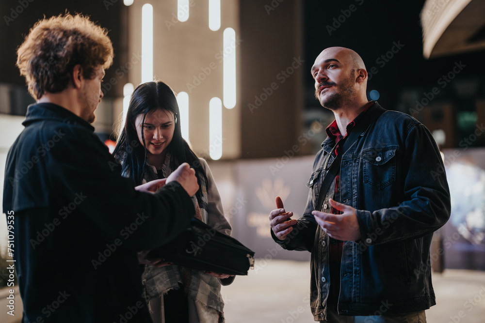 Three professionals engaged in a serious business conversation outdoors in the evening, possibly discussing work strategies or partnerships.