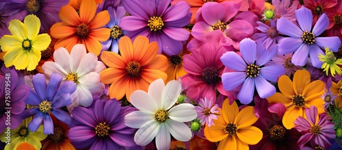 A vibrant assortment of colorful perennial flowers displayed on a table. The flowers, in full bloom, showcase a variety of hues and add a pop of color to the scene. photo
