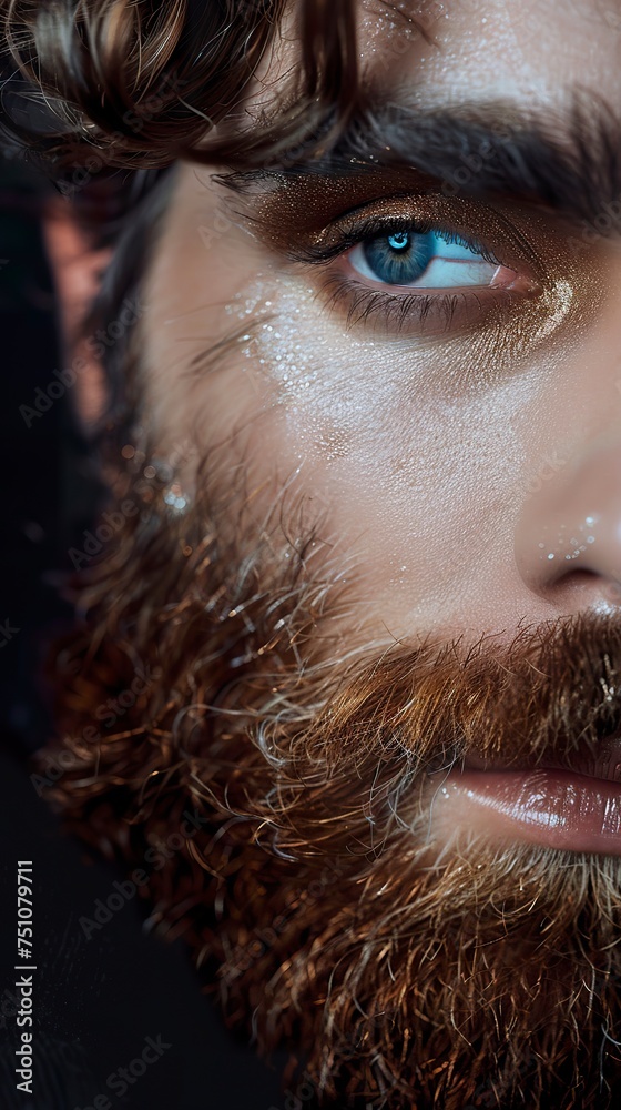 Close-up of a model man with a beard and makeup in a unique and sophisticated style. Gorgeous man in creative makeup with eyelashes and outlined face.