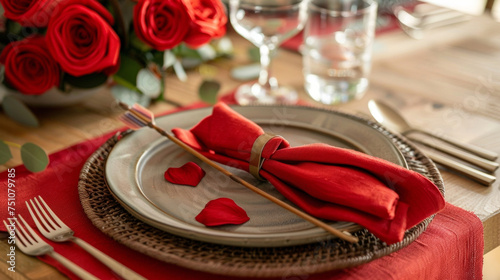 Red linen napkins are carefully folded into the shape of cupids arrow adding a touch of whimsy to the romantic table setting.