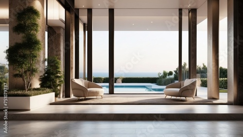 Describe the grand entrance of your modern villa  with sleek Italian design  a dramatic foyer  and an immediate view that takes your breath away
