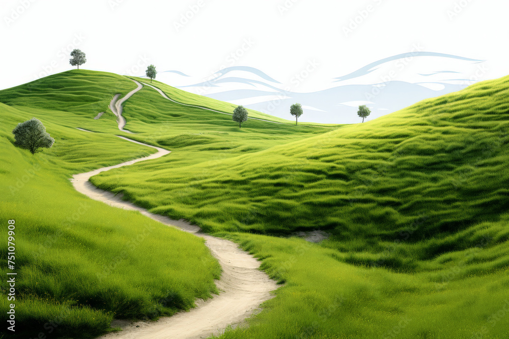 landscape with road green hill and green grass on white background, banner