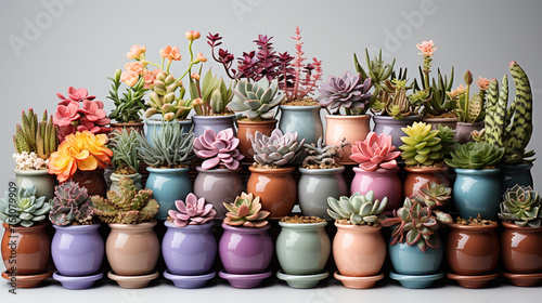 A decorative arrangement of potted flowering plan against flat wall color background