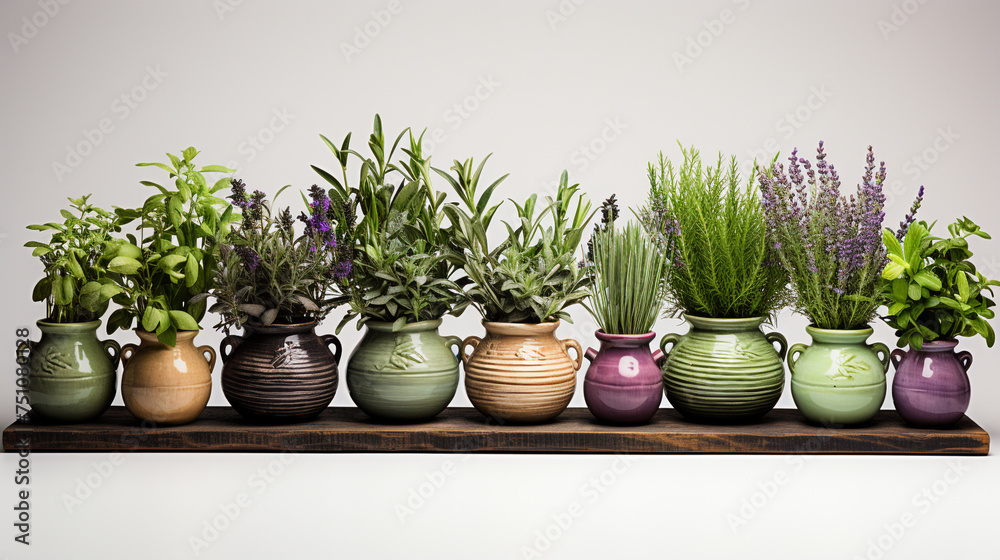 A decorative arrangement of herbs in pots over a white background