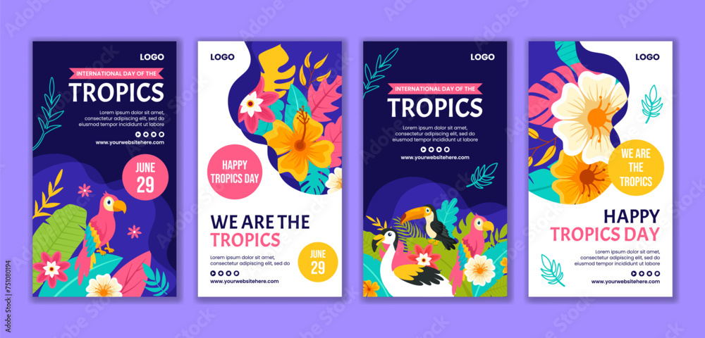 Obraz premium Tropics Day Social Media Stories Flat Cartoon Hand Drawn Templates Background Illustration