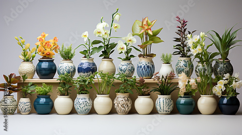 A decorative arrangement of potted flowering plan against flat wall color background