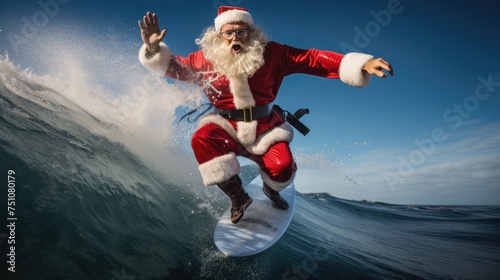 Santa Claus on surf board in ocean. Santa Claus on vacation. Surfing Santa. Santa goes Surfing. © JuliaDorian