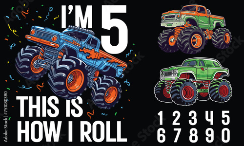 birthday boy party monster truck with age number